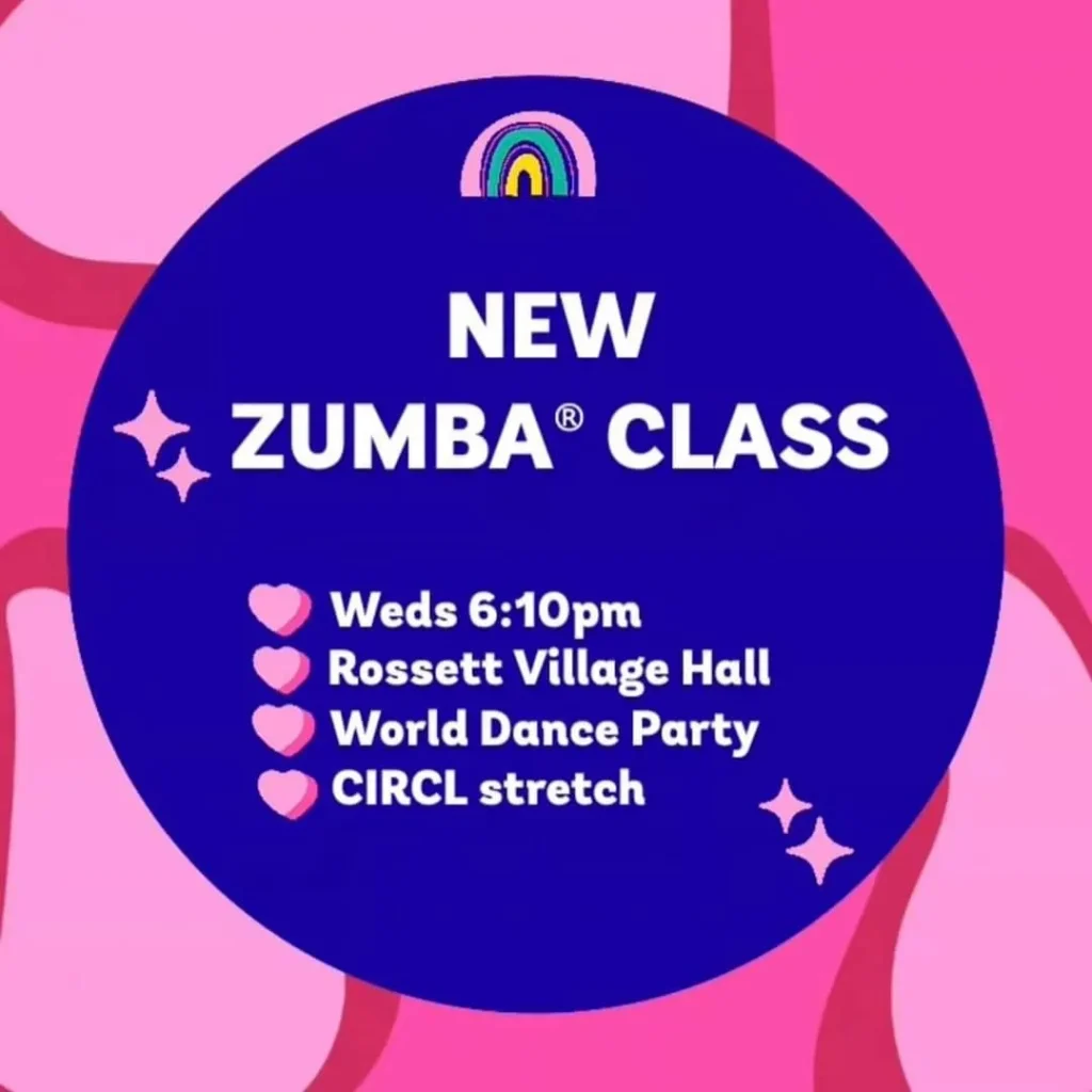 Pink background, with a blue circle and a rainbow with the text
New Zumba Class
Weds 6:10pm
Rossett Village Hall
World Dance Party
CIRCL Stretch
