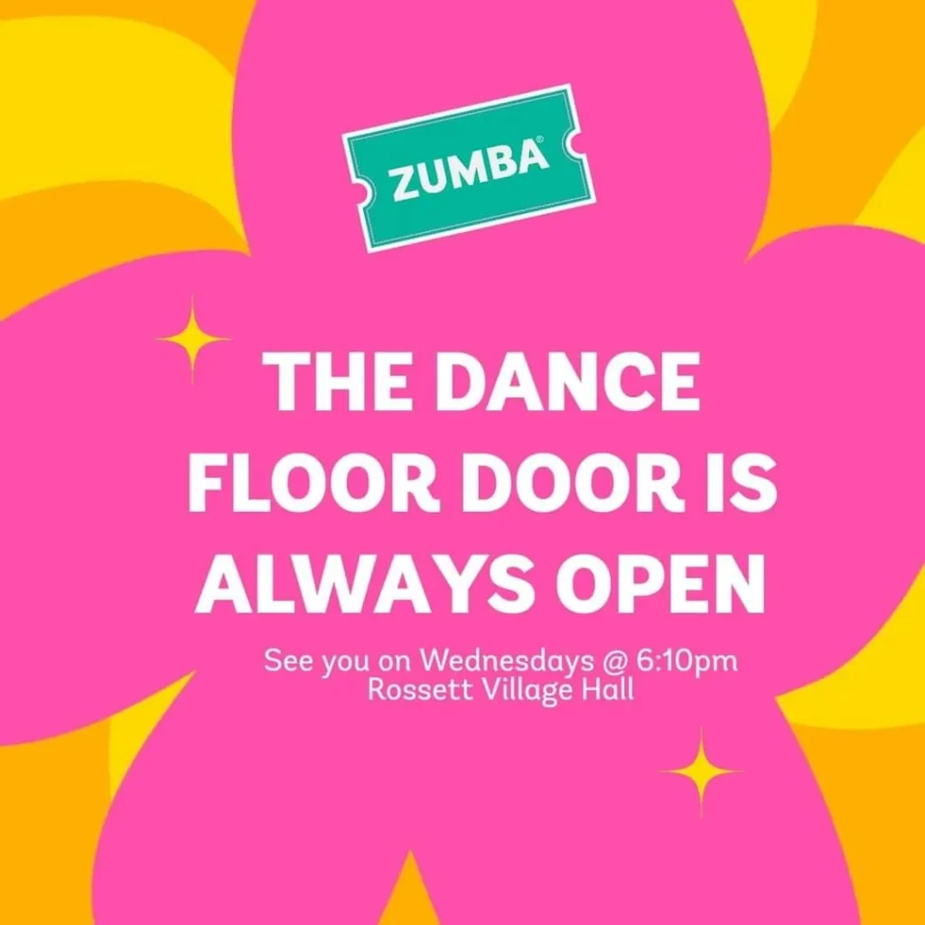 Yellow background with a pink flower shape and the text
The dance floor door is alwats open
See you on Wednesdast at 6:10pm
Rossett Village Hall
