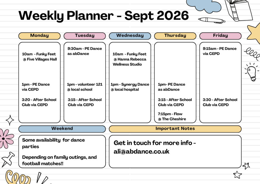 an image of a weekly planner, completed with the sessions running in September 2026